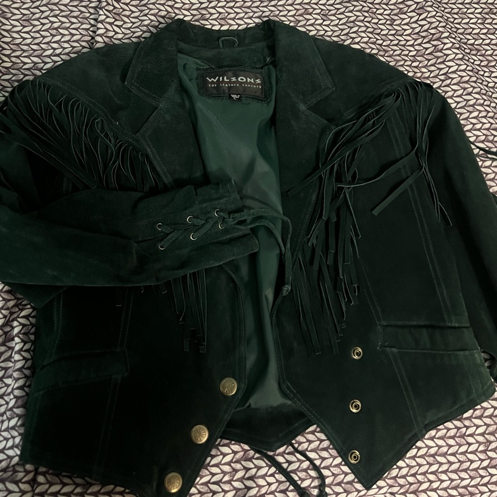 Vintage emerald green suede fringe jacket